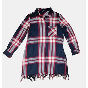 Zara Fringed Plaid Shirt Dress S Studded Coastal 4th Of July Red White Blue